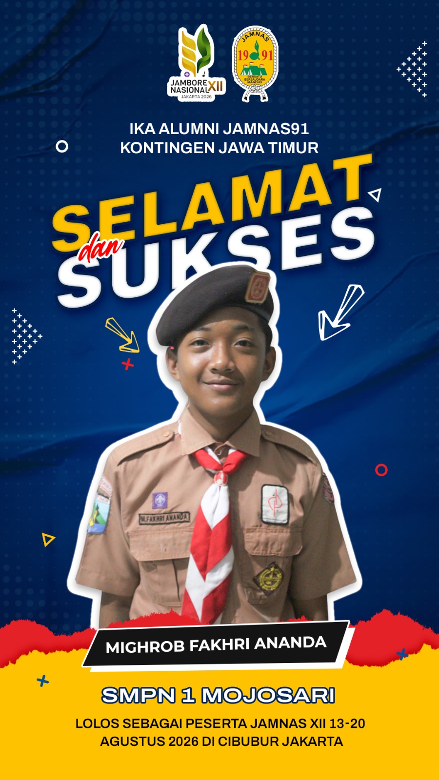 Mighrob Fakhri Ananda Siswa SMPN 1 Mojosari Lolos Seleksi, Wakili Kwarcab Mojokerto di Jamnas XII 2026